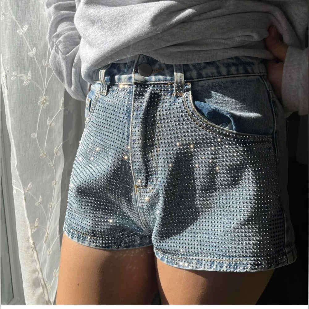 Altar'd State Denim Jean Shorts with Rhinestone Studs - Light Blue
